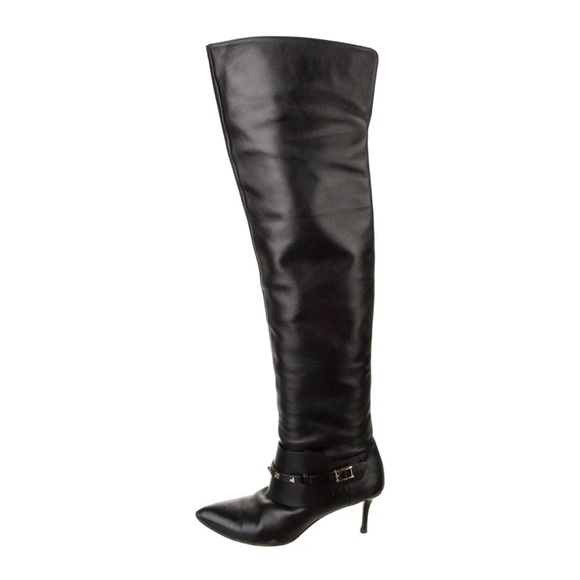 VALENTINO ROCKSTUD OVER THE KNEE KITTEN HEEL LEATHER BOOTS - Picture 4 of 11
